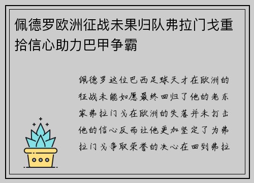 佩德罗欧洲征战未果归队弗拉门戈重拾信心助力巴甲争霸